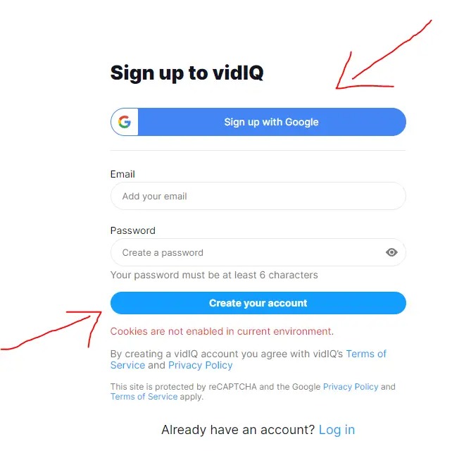 Step 4 - Login With Google Account or Create New VidIQ Account