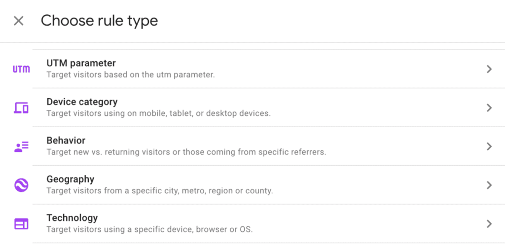 Google Optimize Change Rule Type