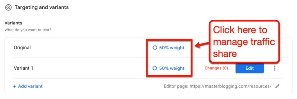 Google Optimize Targetinng and Variants