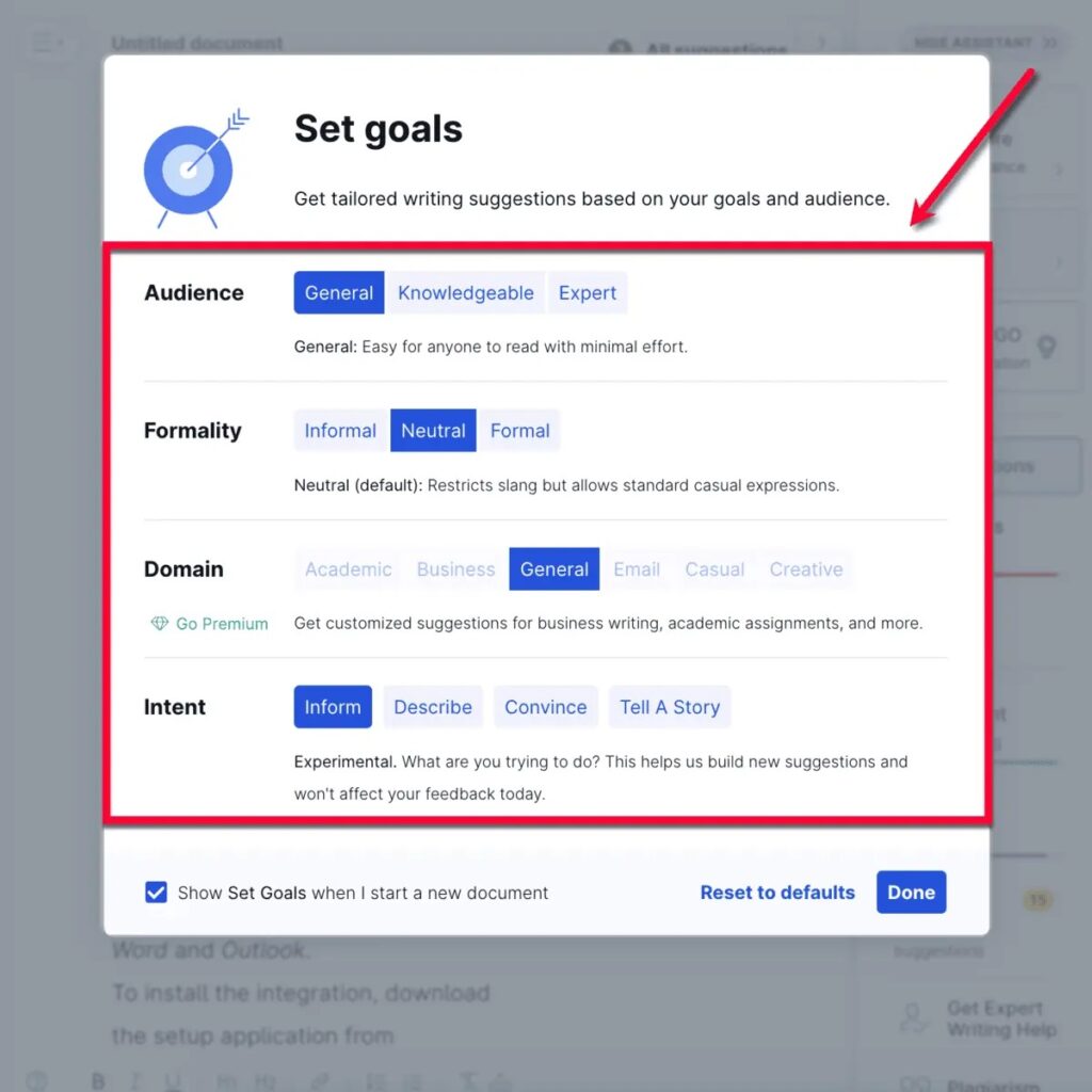 Grammarly Customize Goal