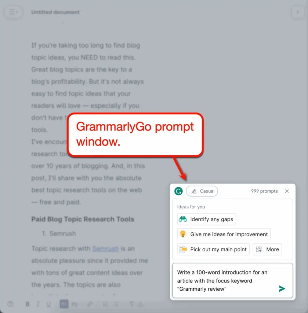 GrammarlyGo Prompt Window